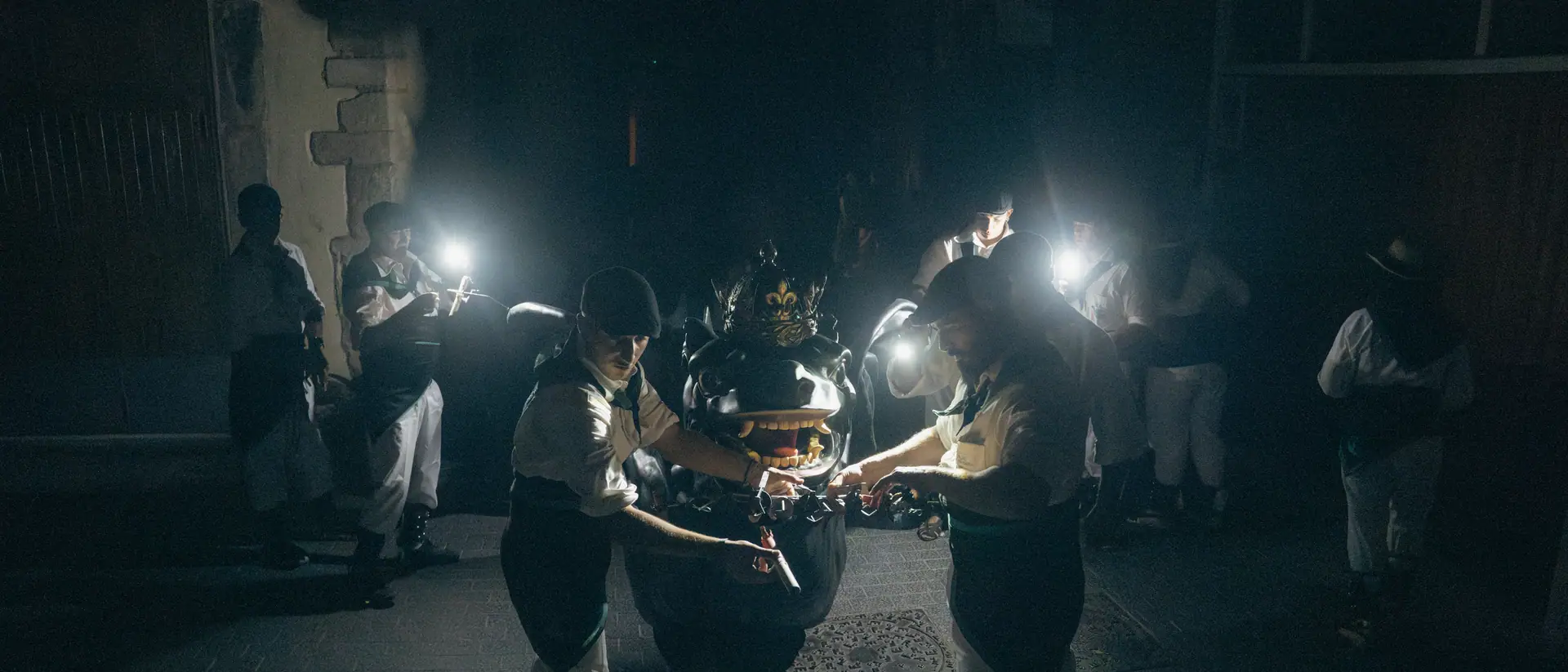 La figura del Drac al carrer, il·luminada pels frontals de la colla